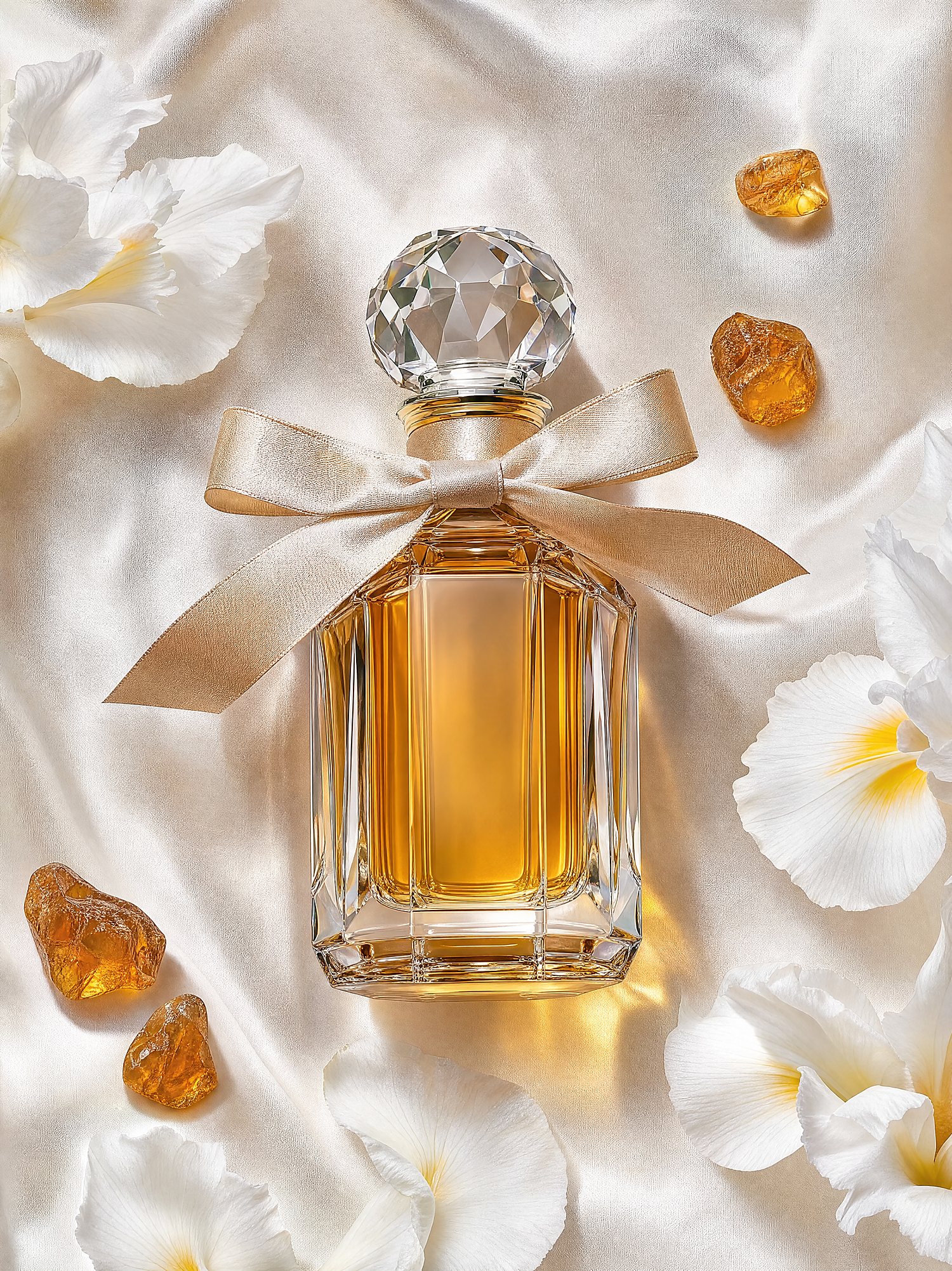 Un perfume terminado en un frasco de cristal con un lazo de seda, entre pétalos de iris